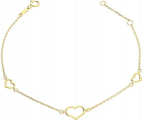 Zlatý náramek 585 řetízek s ažurovým přívěskem, tři srdíčka 14kt