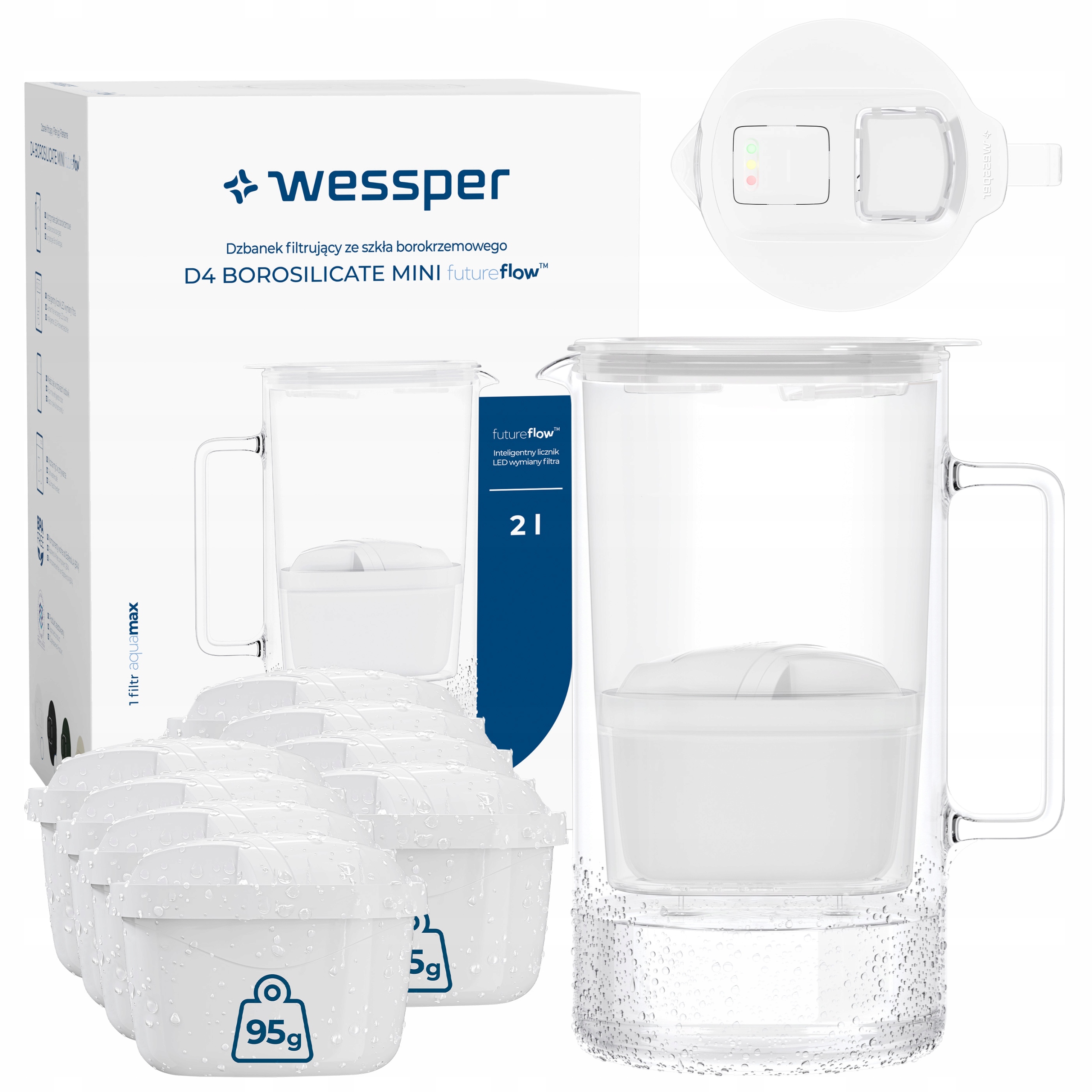 Skleněná filtrační konvice Wessper D4 Borosilicate Mini 2 l 9 x filtr
