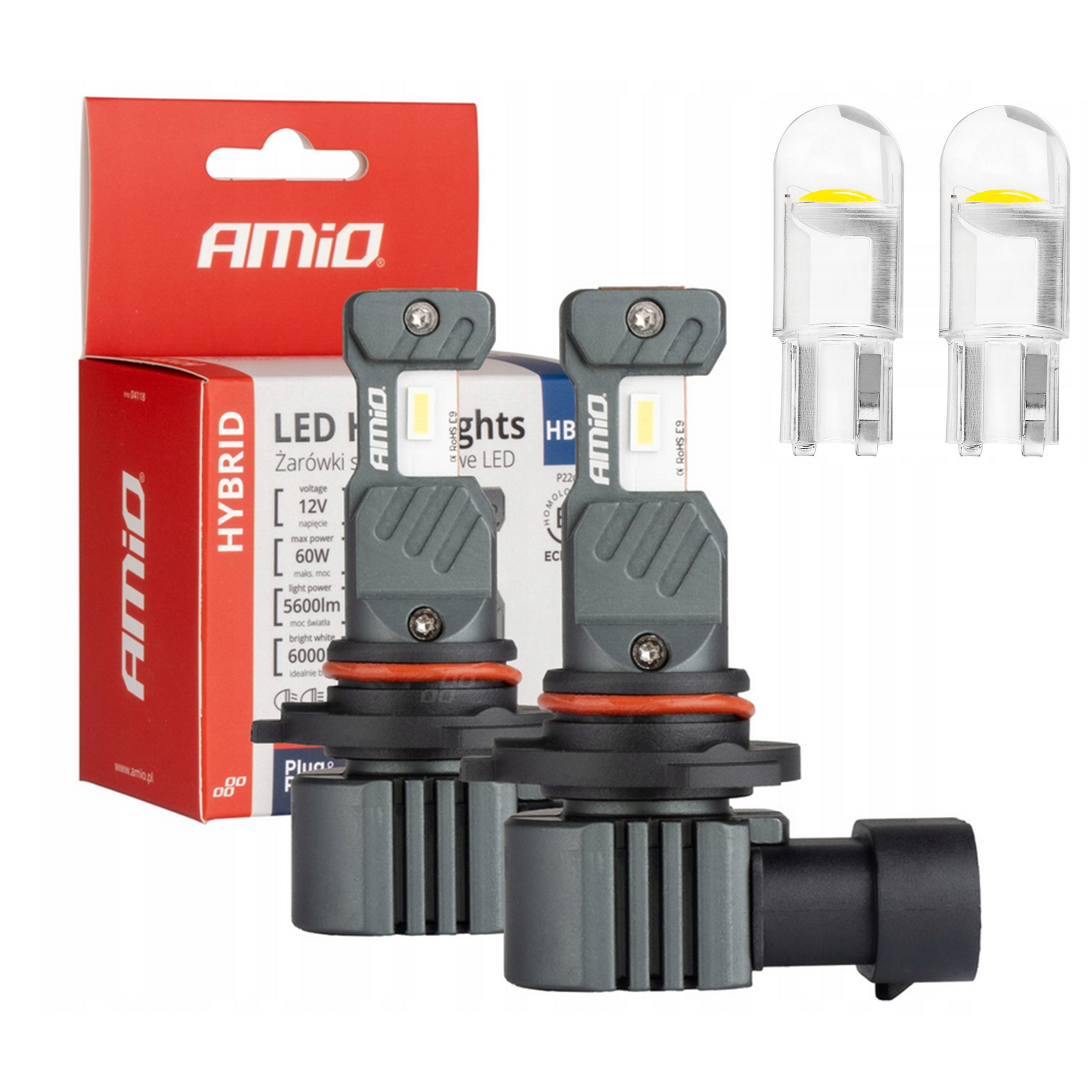 Żarówki Amio Led seria Hybrid HB4 9006 6000K 2x Clear White Led T10 W5W
