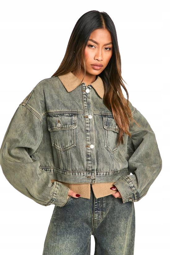 Boohoo Džínová Bunda S Manšestrovým Límcem Zelená 44 Z3A