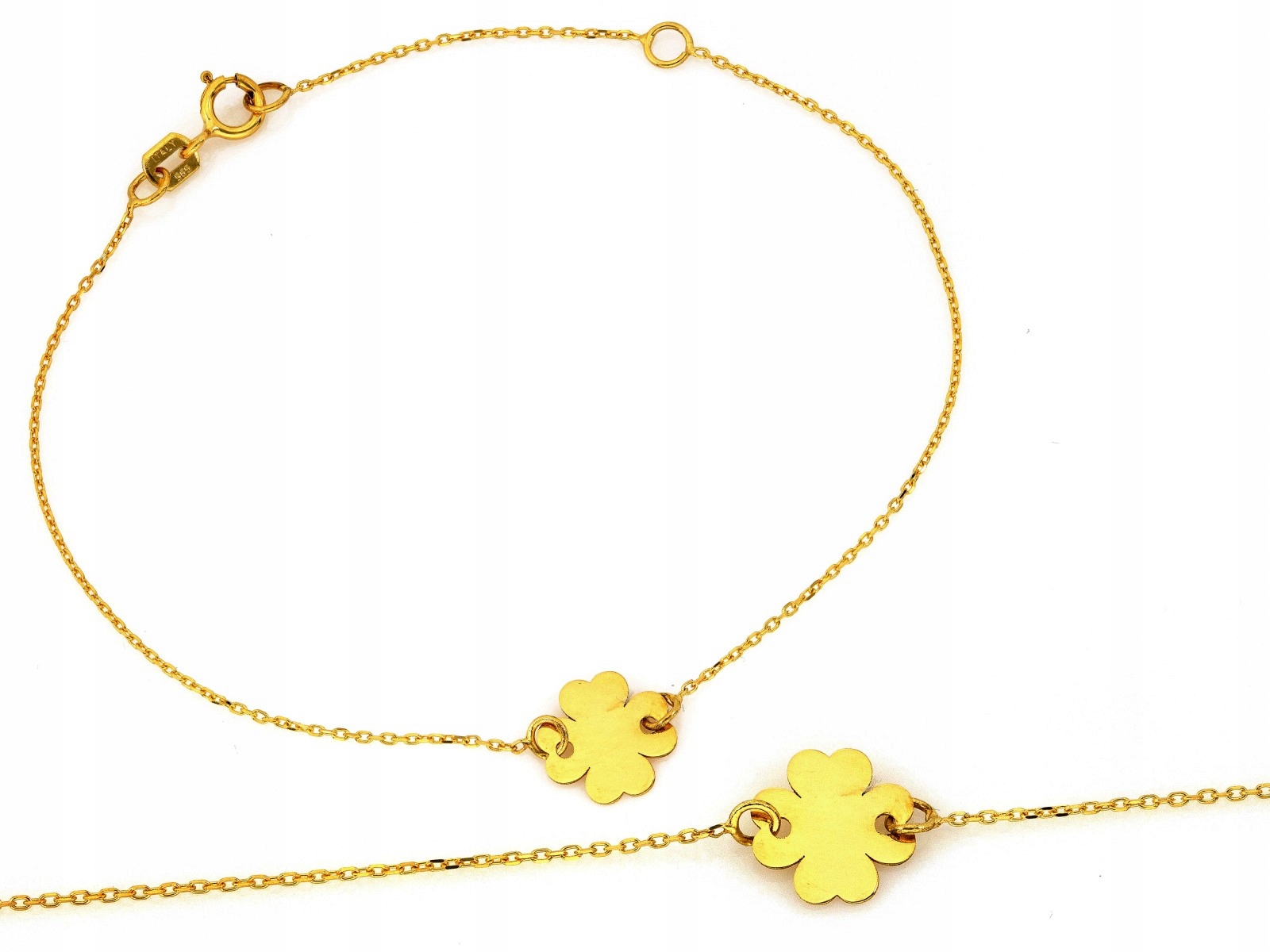 Náramek zlato 585 řetízkový jemný s malým plechem a čtyřlístkem 0.78 g