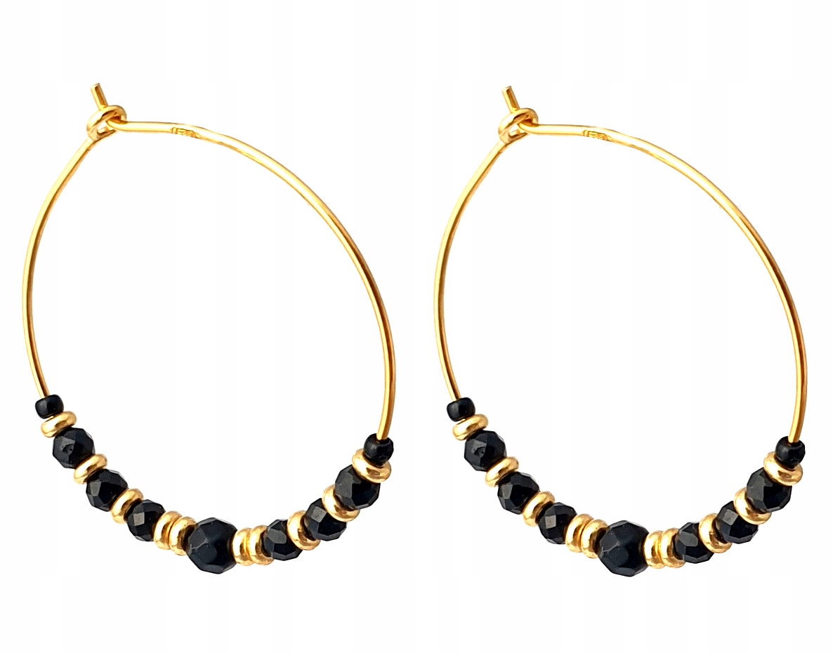 Kolczyki złote wiszące Koła czarny Turmalin Onyks srebro 925 pozłacane 24k