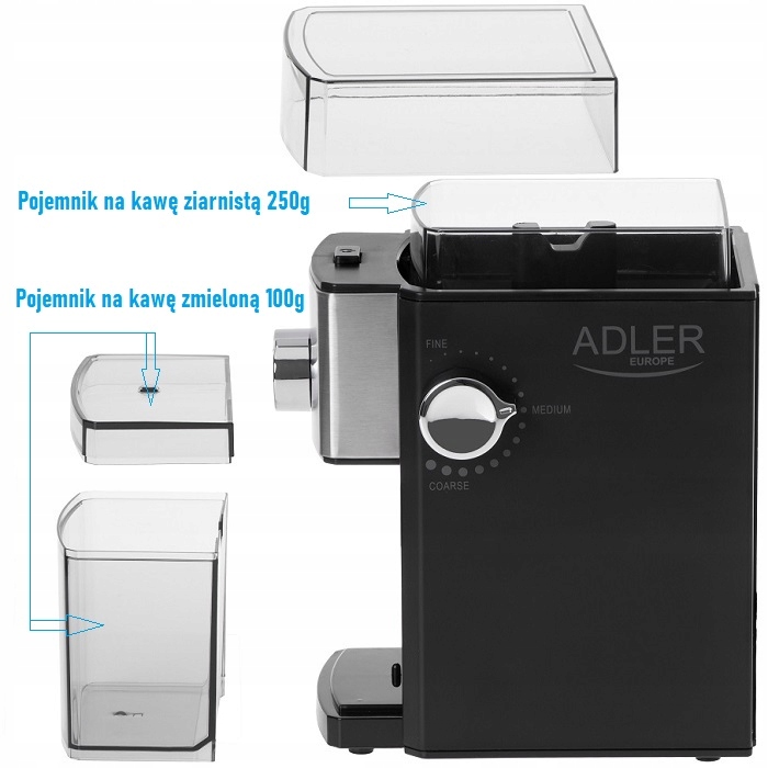 MŁYNEK DO KAWY ŻARNOWY Z REGULACJĄ MIELENIA AD4448 Stan opakowania oryginalne