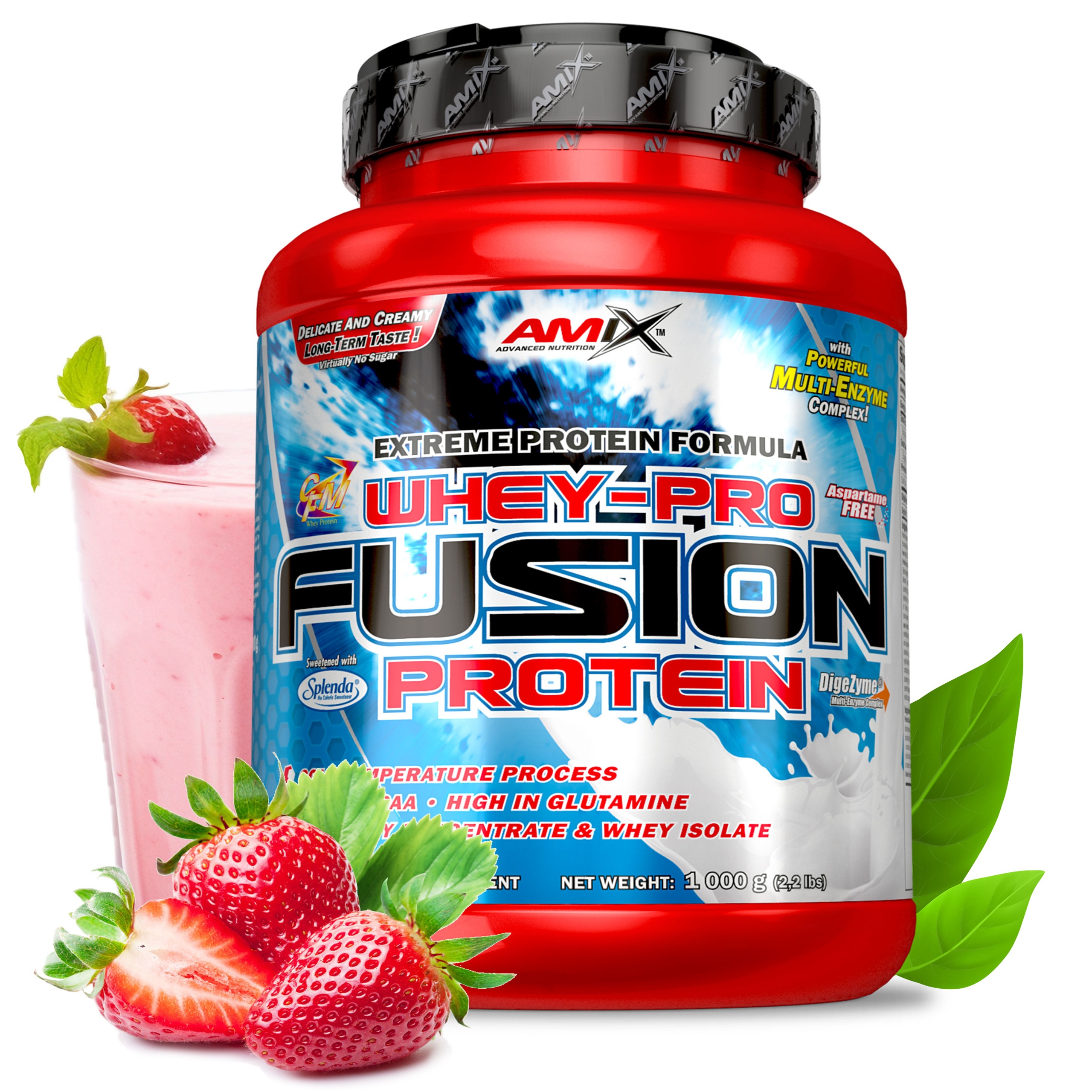 Syrovátkový protein Wpc izolát, proteinový doplněk stravy, příchuť jahoda, 1 kg, s trávicími enzymy