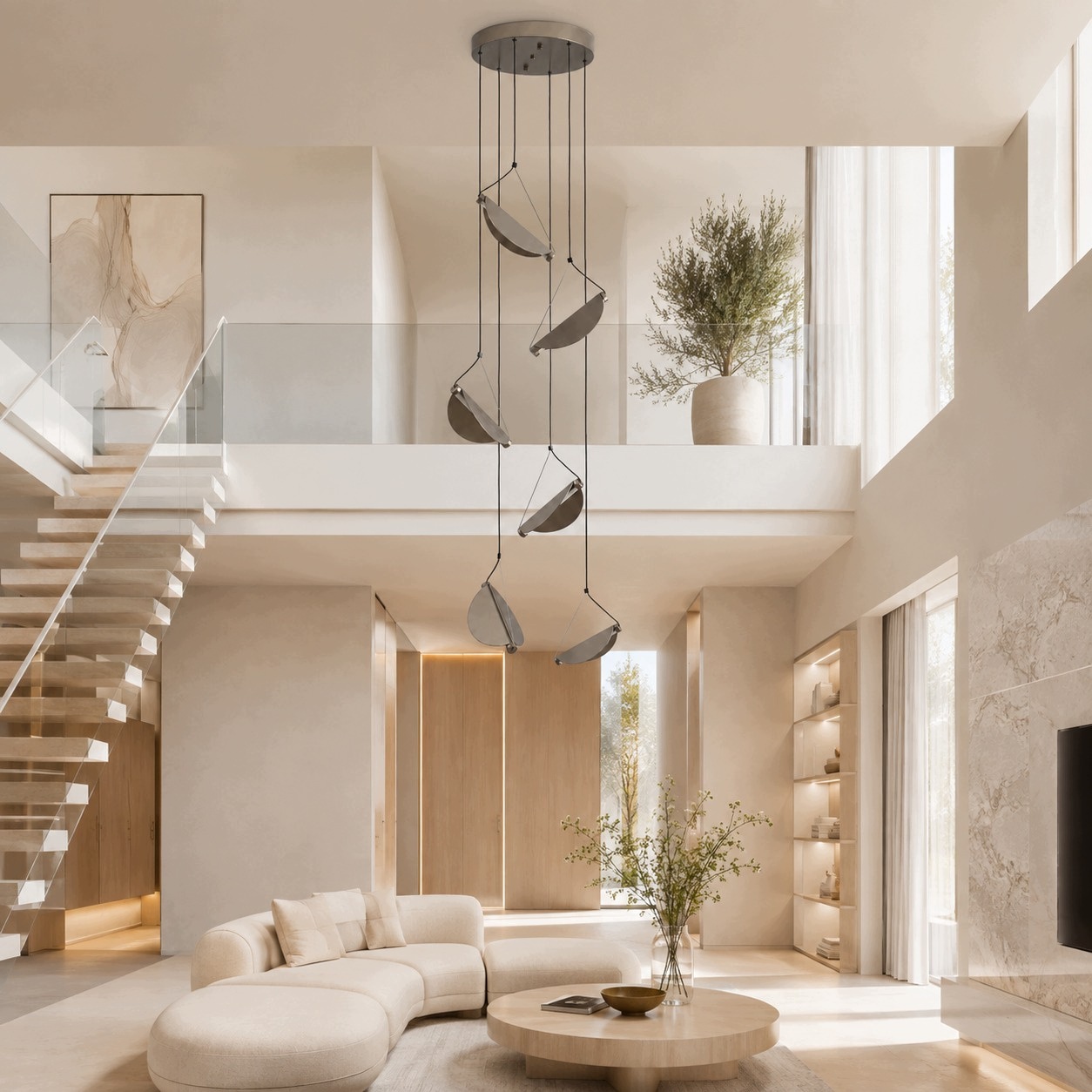 Béžová krásna lampa NAMI-6 s kaskádovými Led motýlikmi nad schodiskom