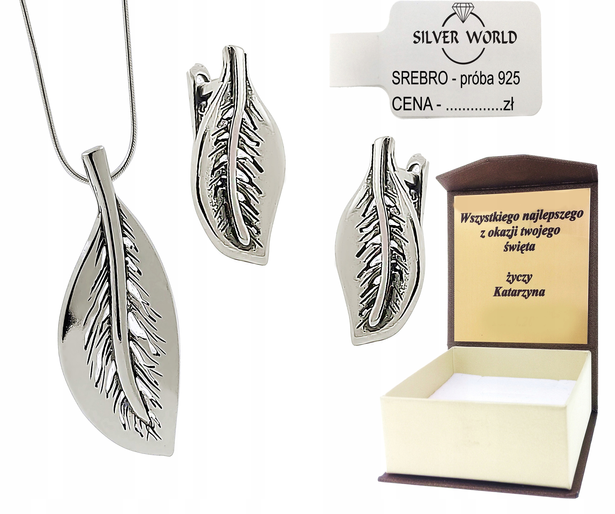 

Komplet Biżuterii Srebrnej 925 Listki Grawer