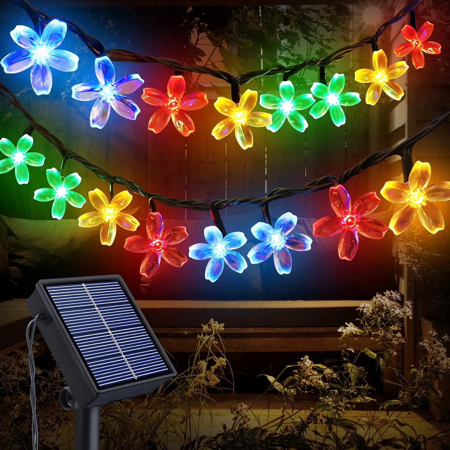 Solární světelný řetěz 100 Led, 12 m, s květy třešně