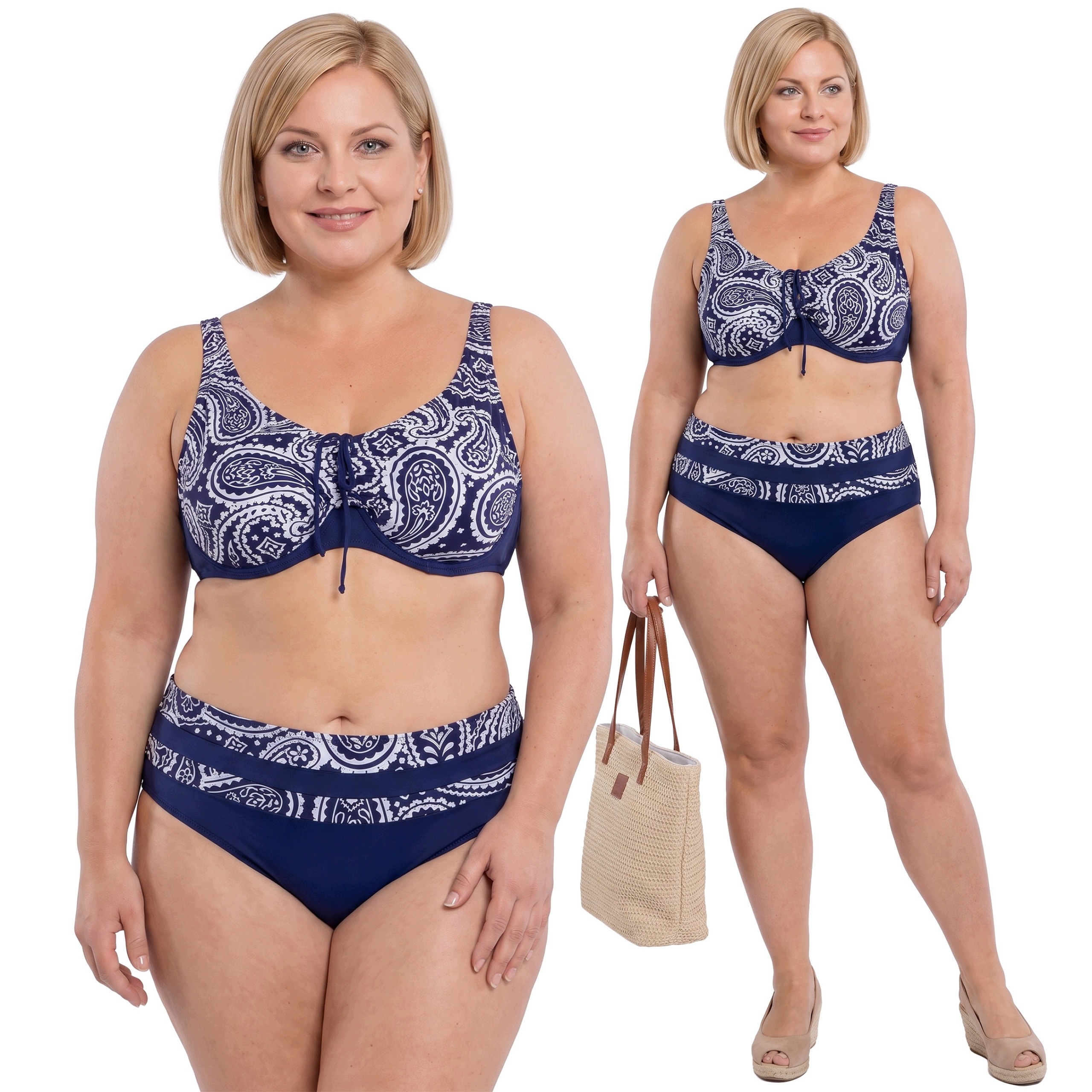 Tmavě modrý dvoudílný oblek s bílým vzorem plus size velikost 52