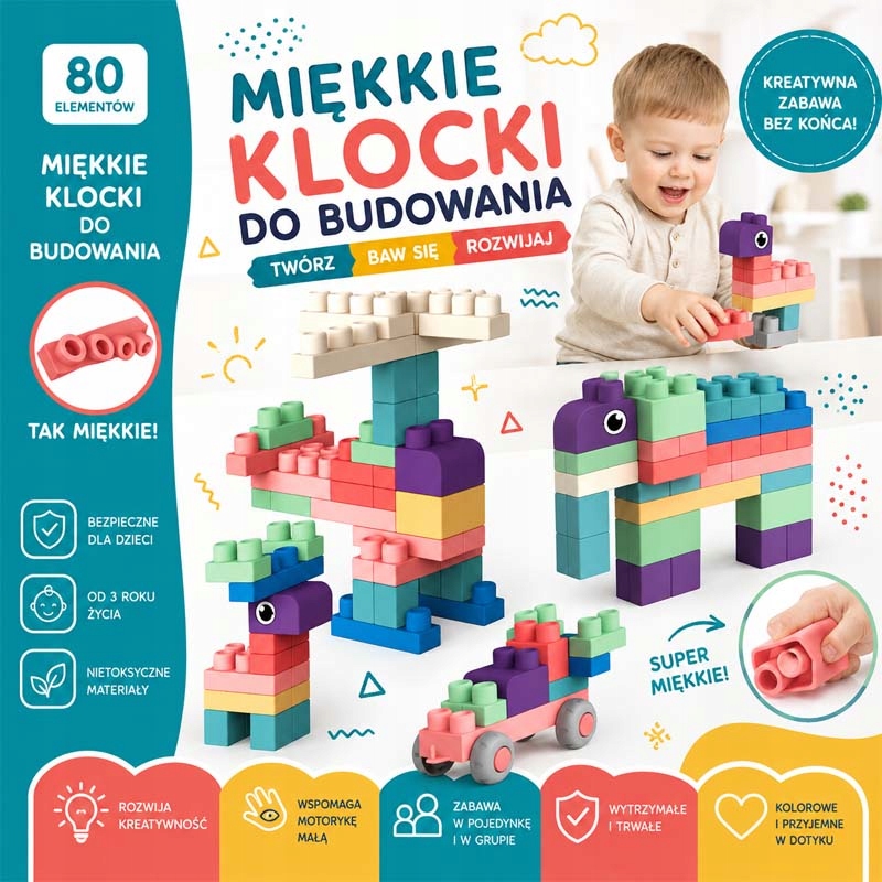 Soft Blocks Miękkie Klocki Konstrukcyjne 80 Elementów Dla Dzieci
