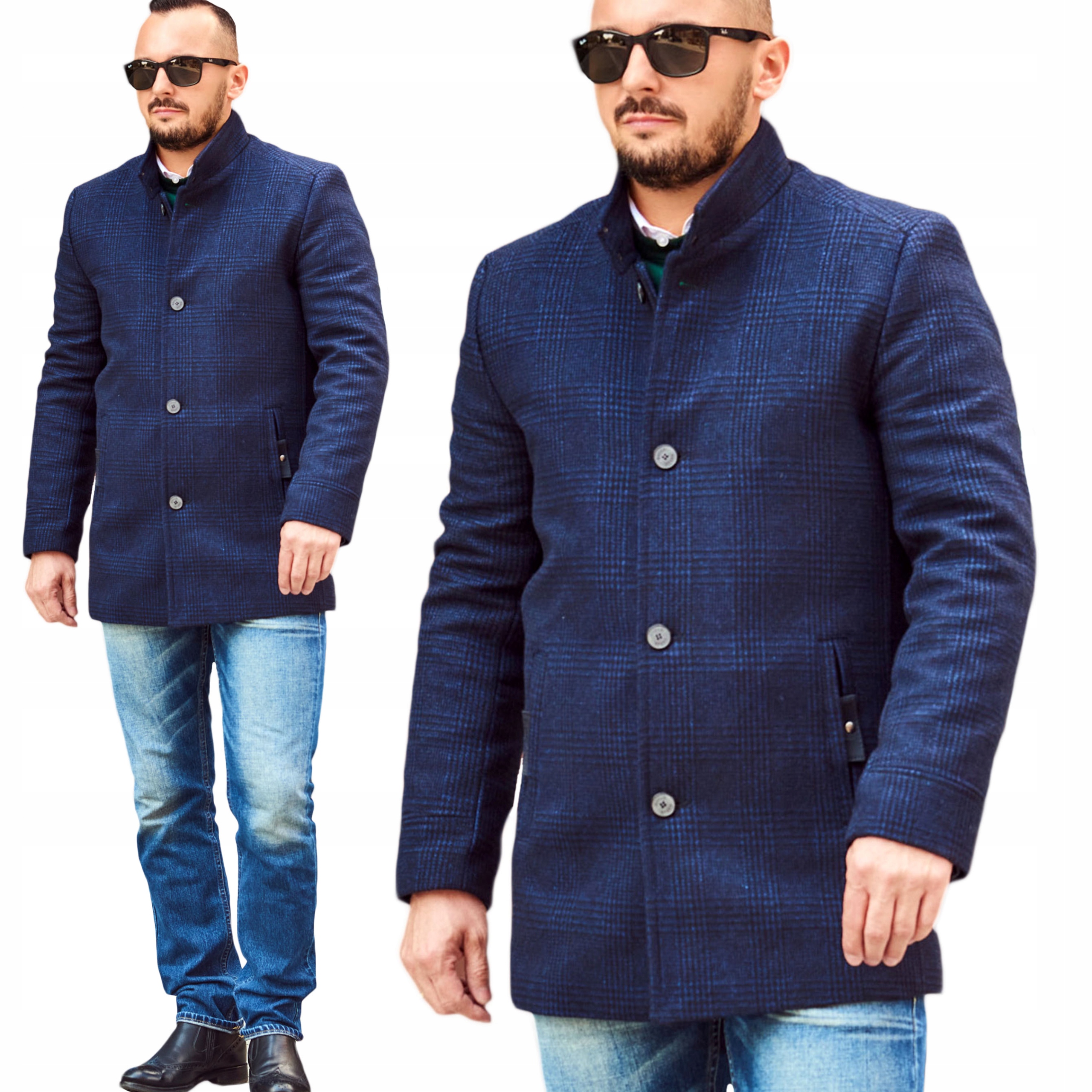 Pánský zimní kabát klasický, elegantní, přiléhavý, tmavě modrý s XXL stojáčkem