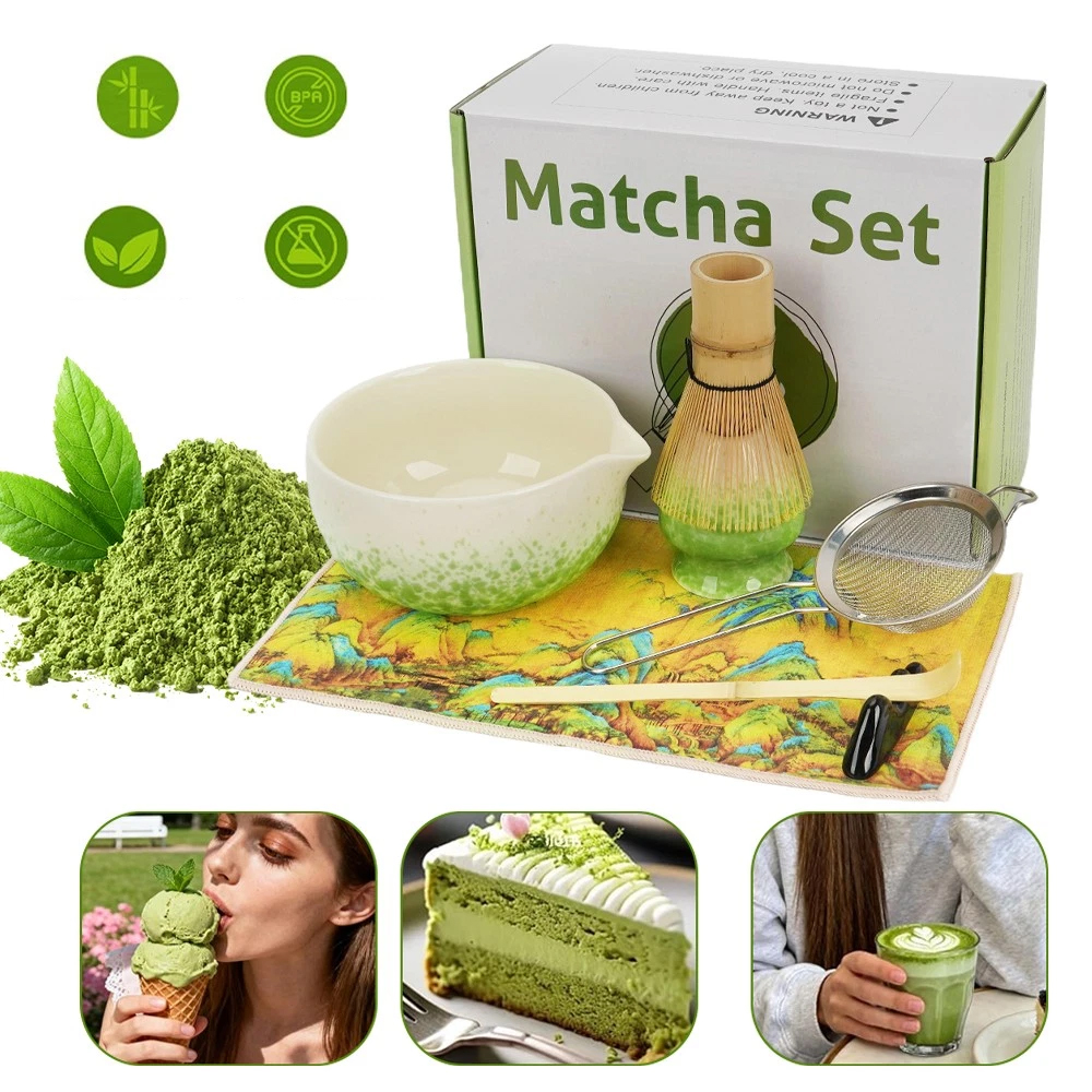 Zestaw prezentowy do herbaty matcha czarka miotełka podstawka łyżeczka biel