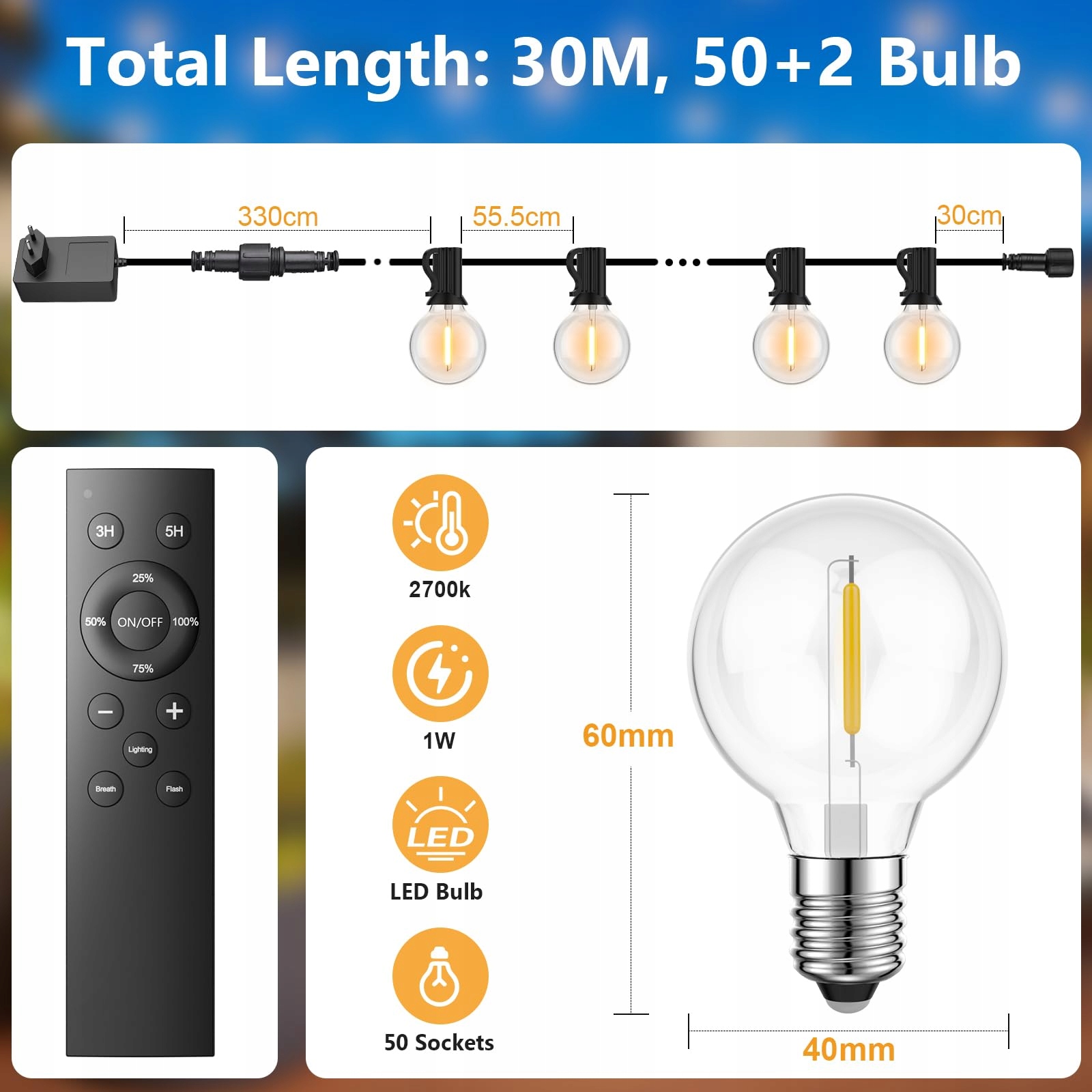 LED LAMPKI ZEWNĘTRZNE 30M 52 ŻARÓWKI CIEPŁOBIAŁE NA PILOT — miniatura 8