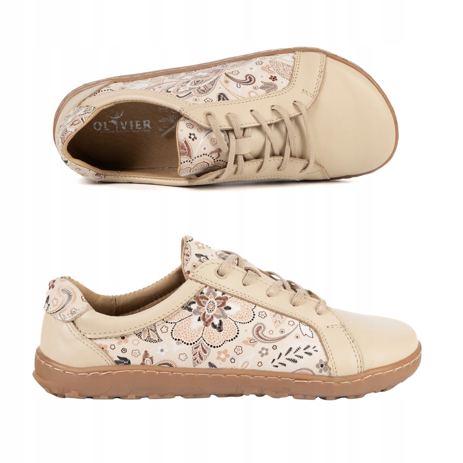 Buty barefoot damskie Olivier 115MP skórzane półbuty beżowe w kwiaty 38