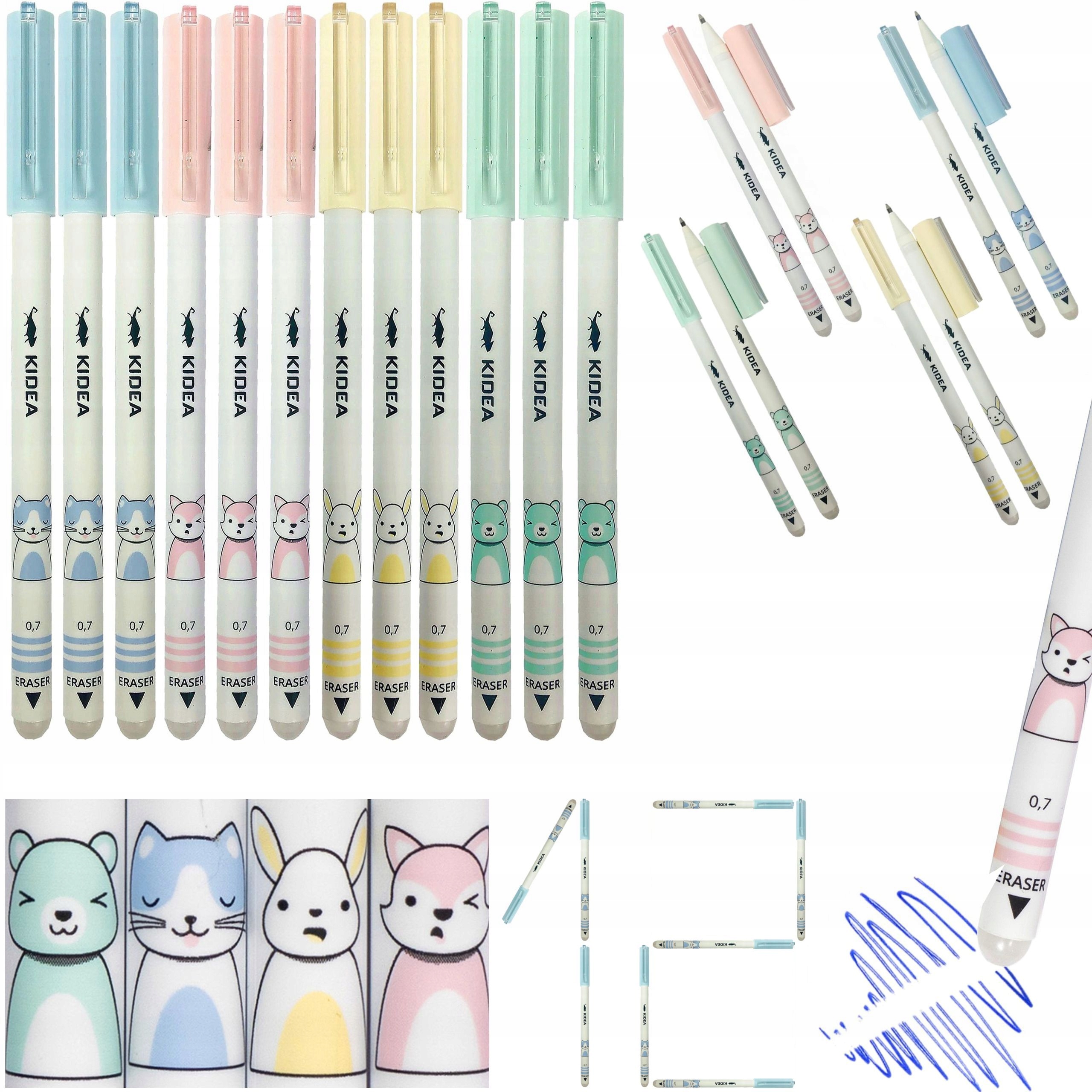12x DŁUGOPIS NIEBIESKI ZMAZYWALNY ŚCIERALNY KIDEA PASTELOWE ZWIERZAKI