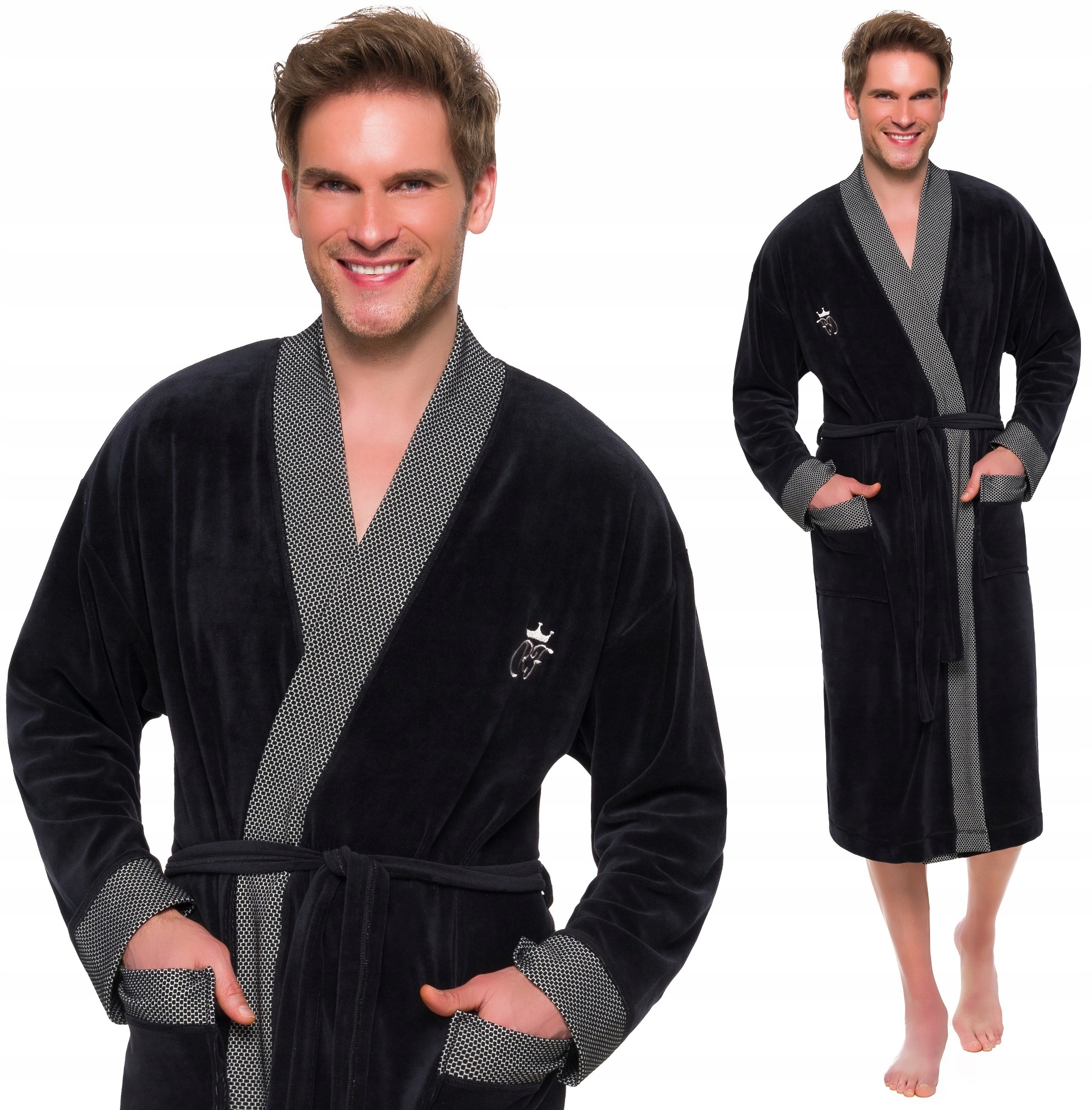 DŁUGI WELUROWY SZLAFROK MĘSKI - SZALOWY M