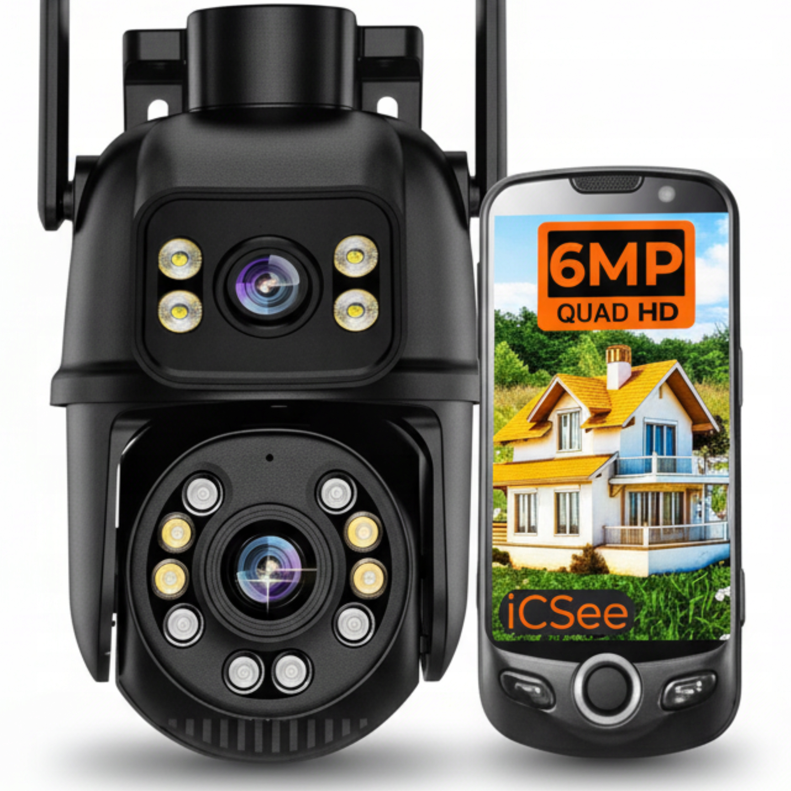 Dvojitá venkovní Wifi kamera Otočná 6MP Osvětlení Detekce Ai Audio