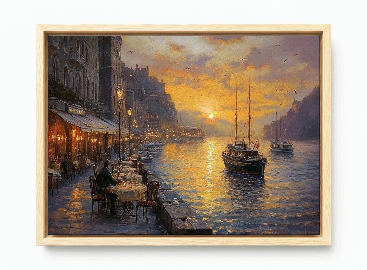 Obraz Rám Americký Box Město Promenáda Kanál Voda Lodě Kavárna 60x40