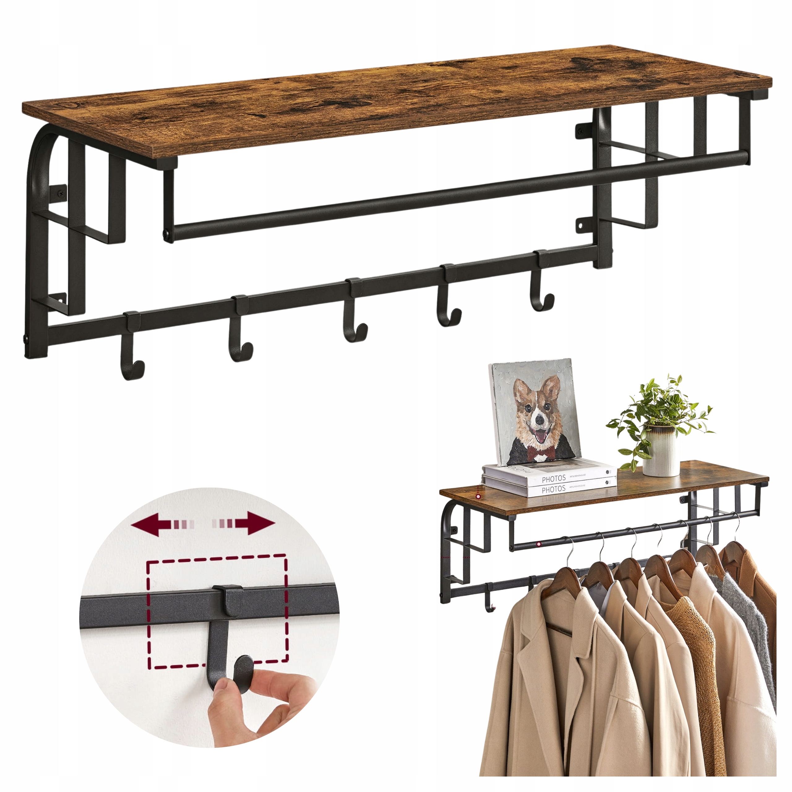 Závěsná nástěnná police Věšák na zeď 80 cm Tyč 5 háčků vintage Loft