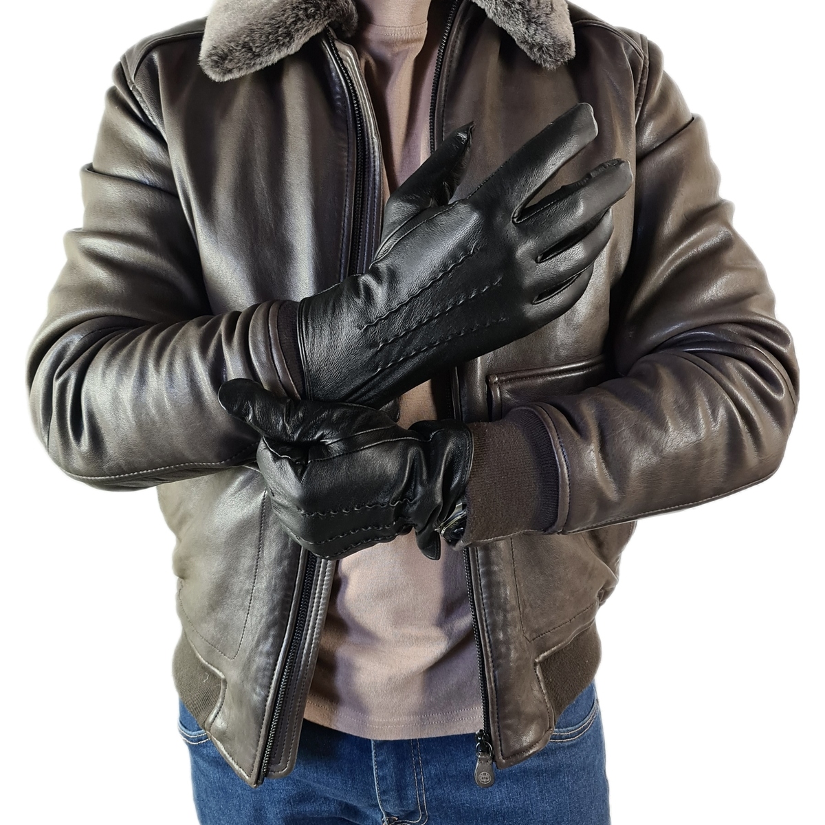 GRUBE RĘKAWICZKI SKÓRZANE męskie CZARNE FUTRO, XXL Rozmiar XXL