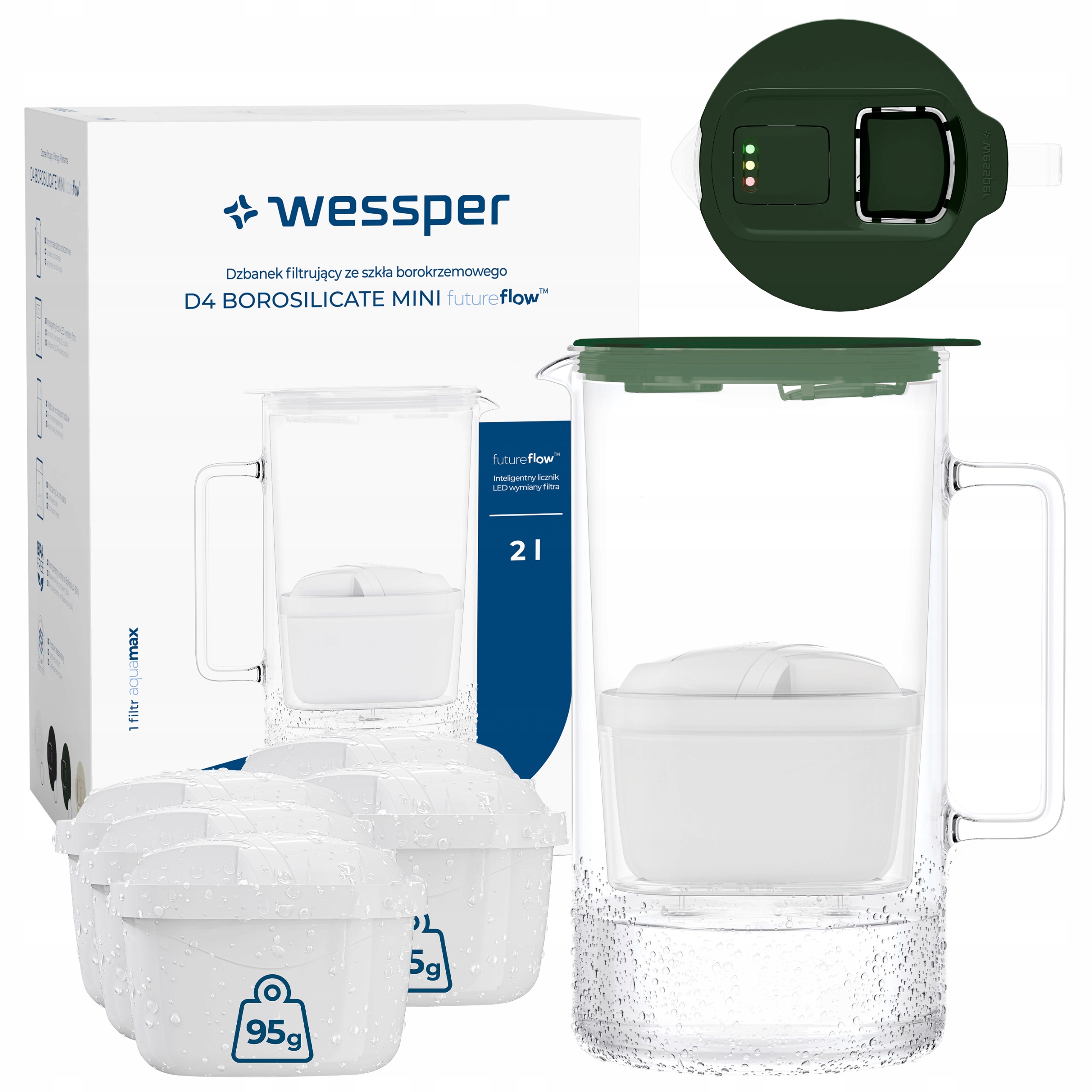 Skleněná filtrační konvice Wessper D4 Borosilicate Mini Ff 2 l 6x filtr