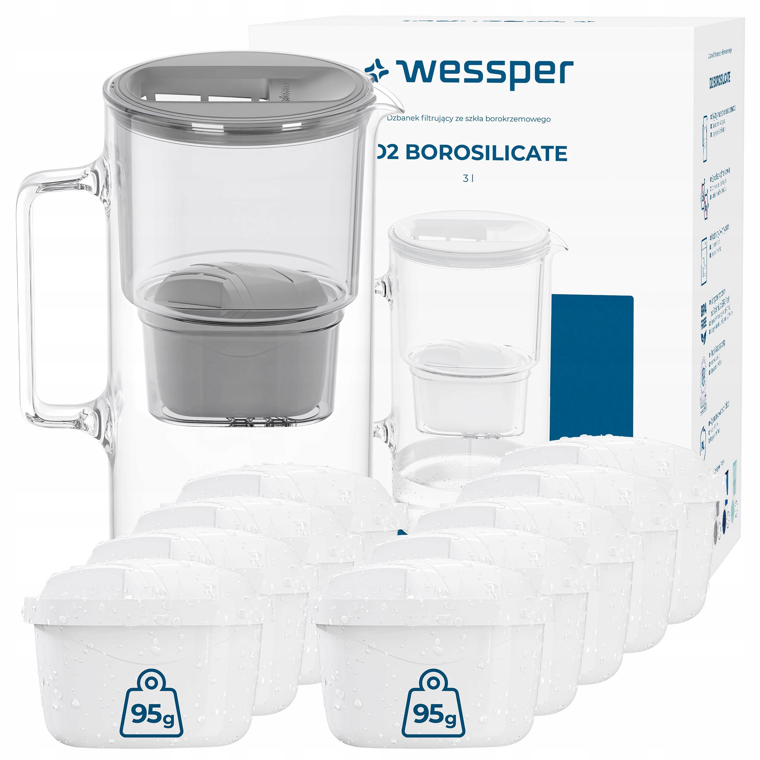 Filtrační konvice skleněná Wessper D2 Borosilicate 3l šedá 10x filtr