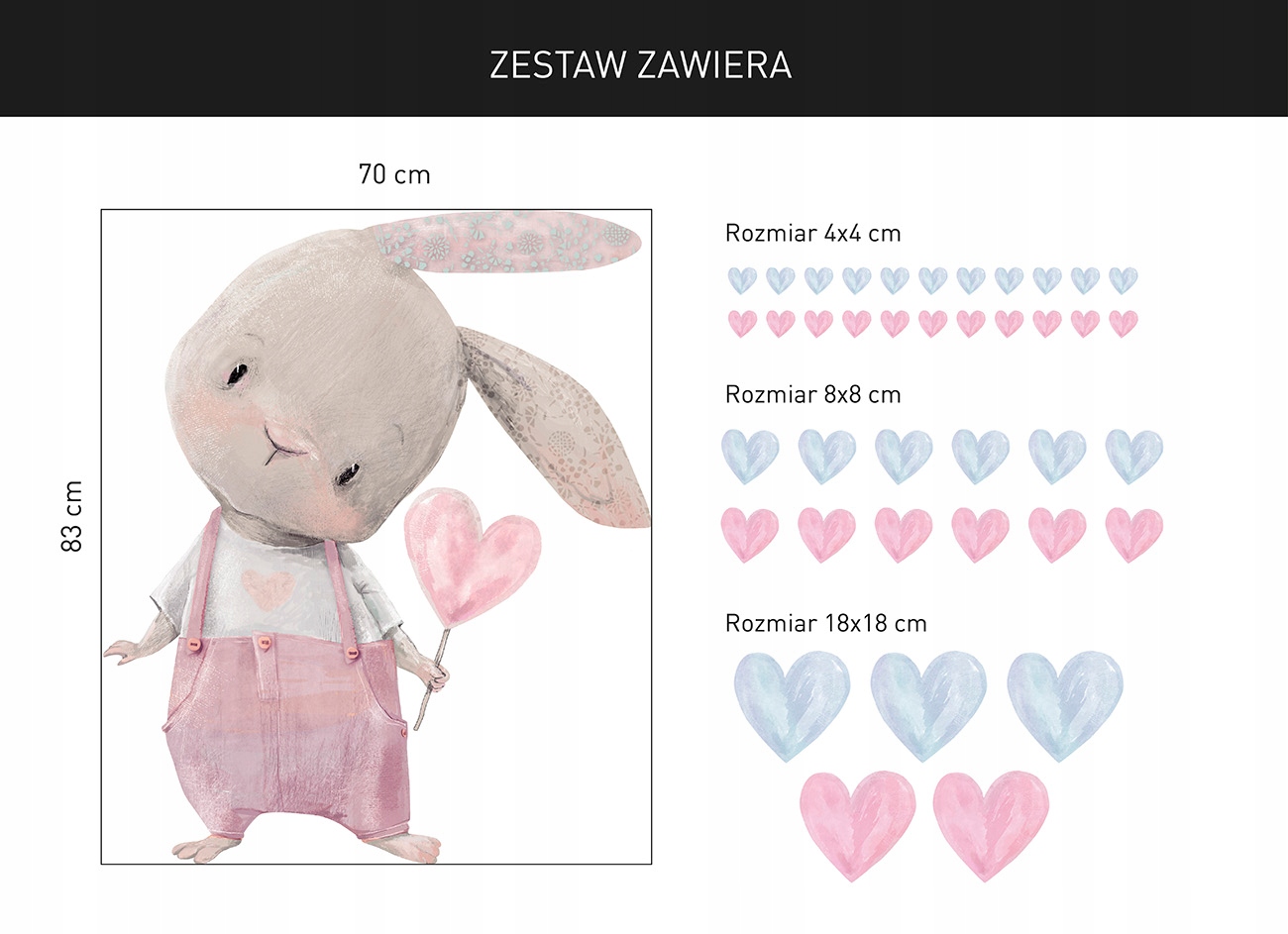 Naklejka ścienna dla dzieci KRÓLIK serduszka Długość 83 cm
