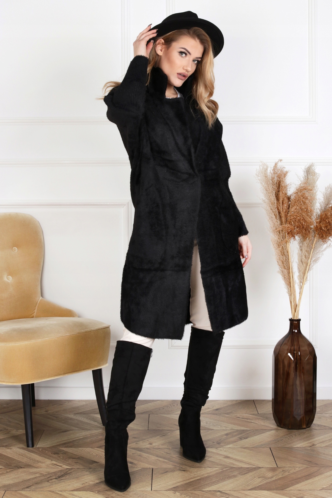 PŁASZCZ KURTKA DŁUGI SWETER NARZUTKA ALPAKA CIEPŁA WYGODNA CZARNY 1943 Wzór dominujący inny wzór