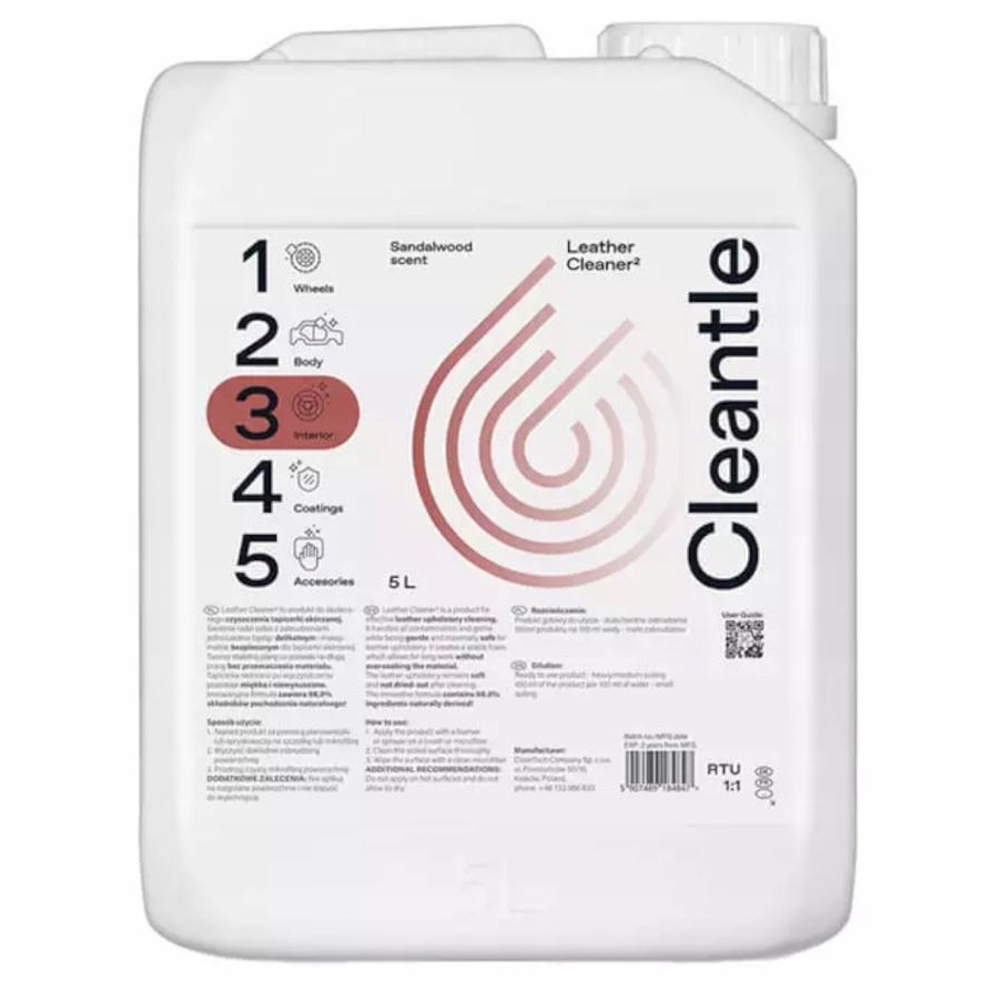 CLEANTLE LEATHER CLEANER 5L CZYSZCZENIE SKÓRY I TAPICERKI SKÓRZANEJ