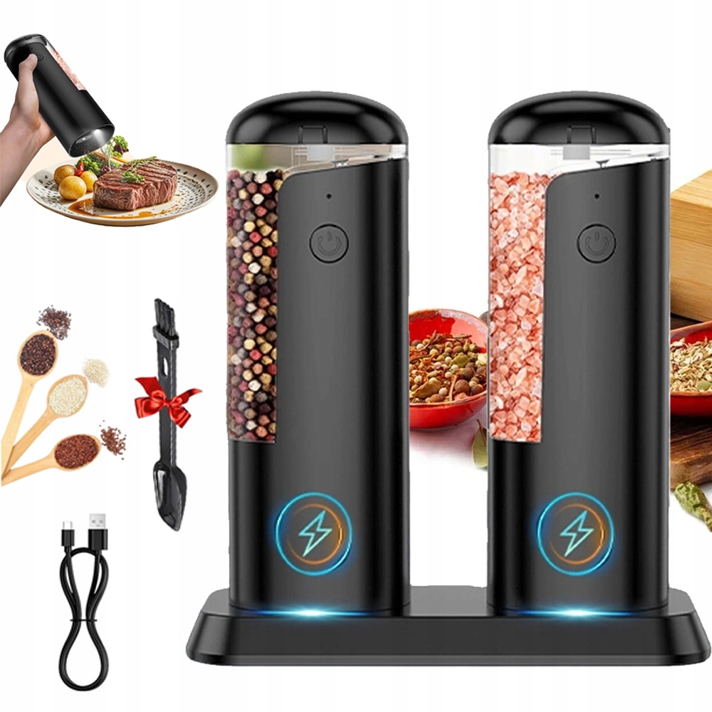 Elektryczny Młynek Do Pieprzu I Soli Zestaw 2 Szt Ładowany Usb Podstawka
