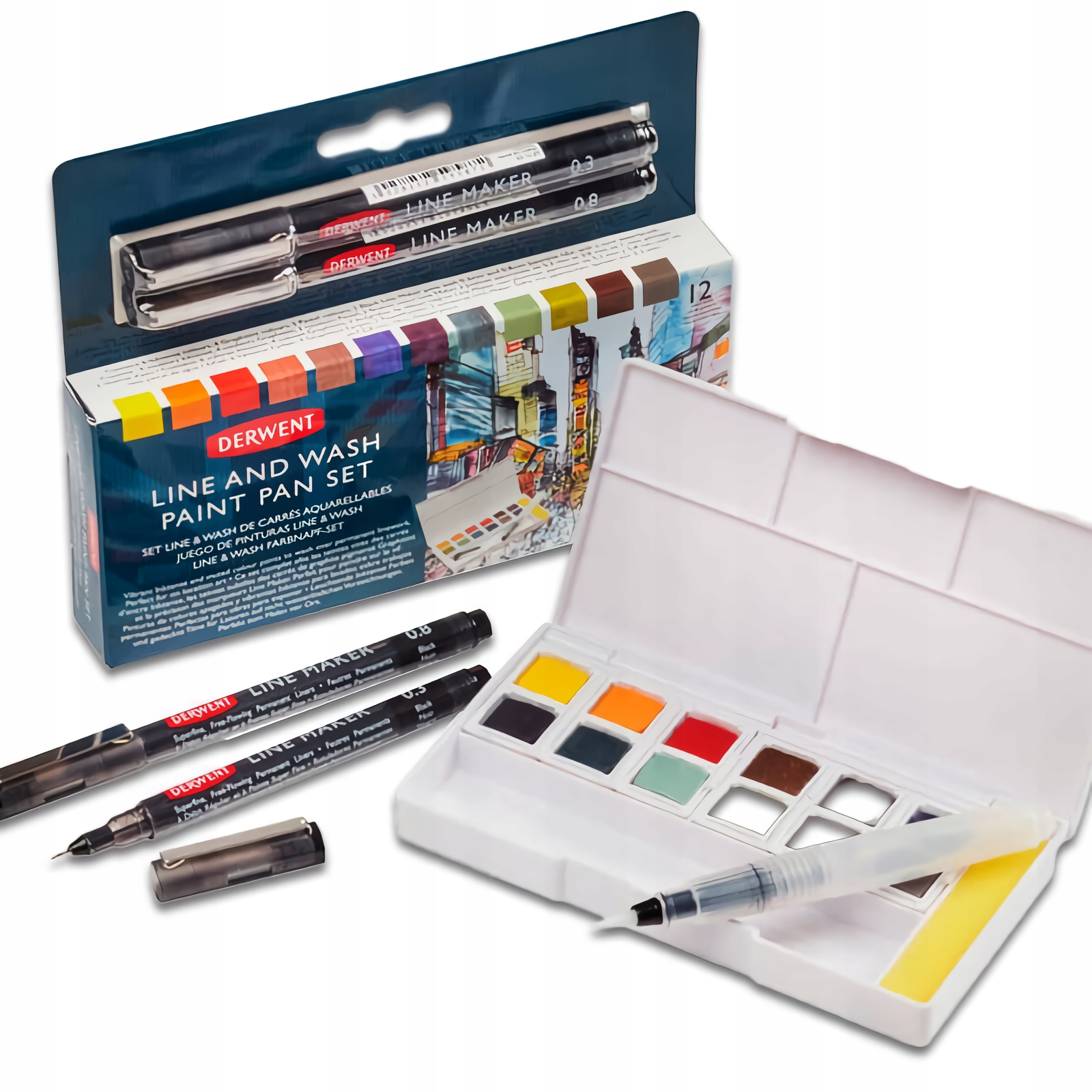 Sada akvarelových barev v kostkách tenkopisy Line&Wash Derwent 12 kusů