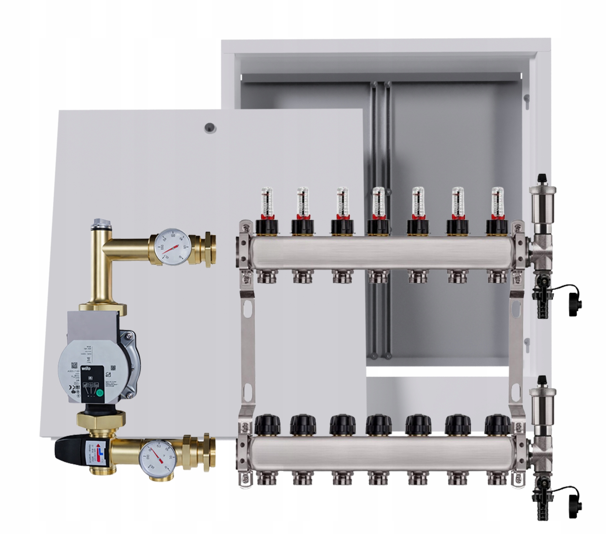 Nerezový rozdělovač pro podlahovku 7 s nástěnným boxem Pumpa Wilo