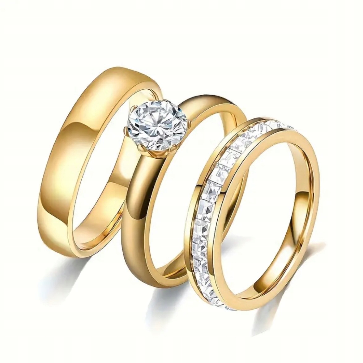 3x PIERŚCIONEK OBRĄCZKA ZŁOTY STAL CHIRURGICZNA ZŁOTA CYRKONIE ZESTAW ROZ 7