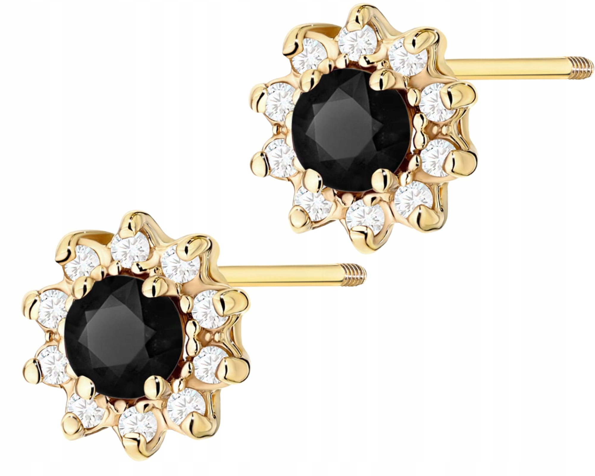Zlaté Náušnice S Černými Diamanty Zlato 585 14K Dárek Šroubovací Tyčinka