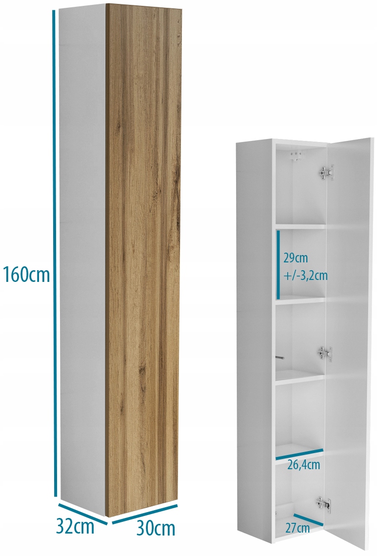 WISZĄCY SŁUPEK do łazienki 160 biały + dąb wotan Marka Fargo