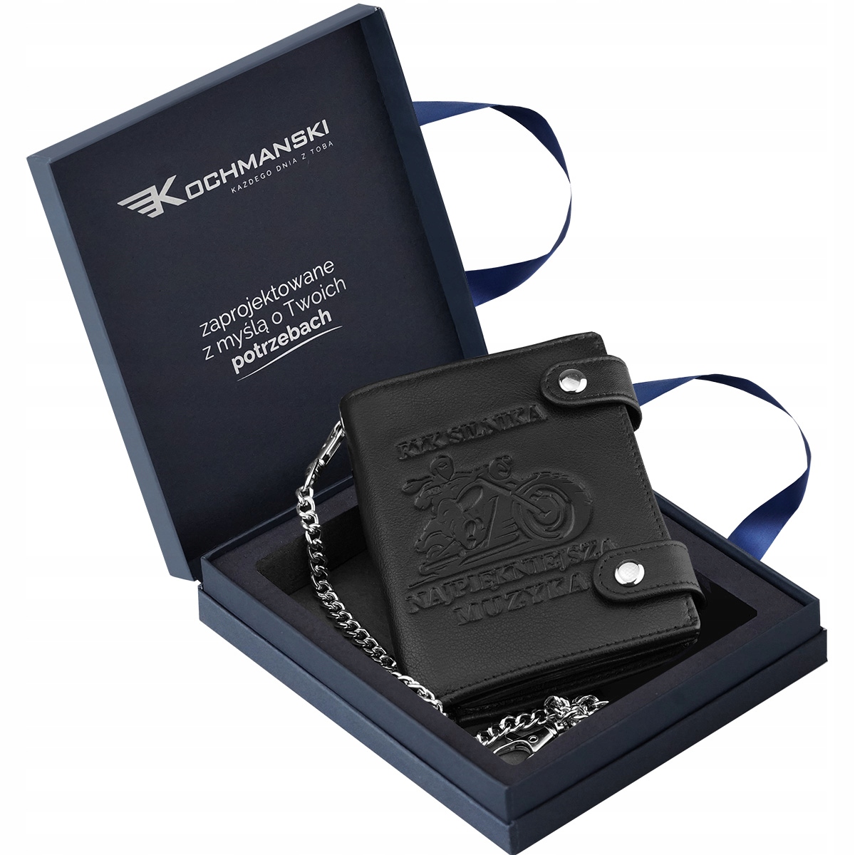 Kochmanski portfel męski skórzany czarny Rfid z łańcuchem dla motocyklisty