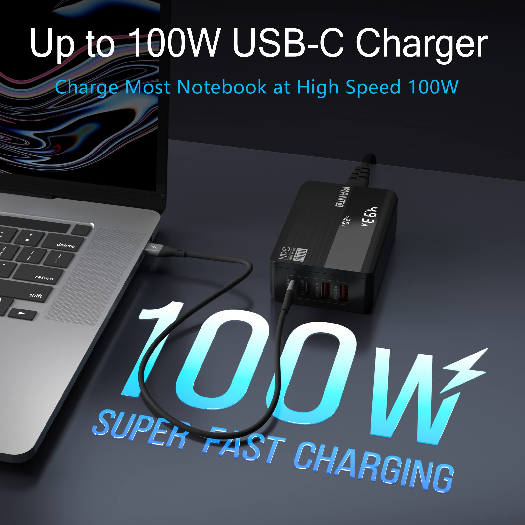 MANTO Ładowarka 100W USB-C LED 4-Port GaN Szybkie Ładowanie MacBook iPhone — miniatura 3