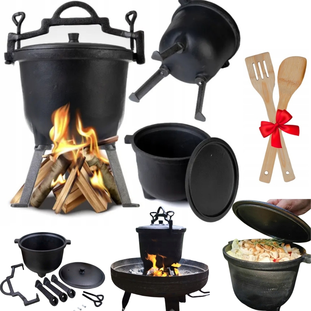 Kociołek Żeliwny 8L Węgierski Myśliwski Garnek Na Ognisko Grill Łyżki