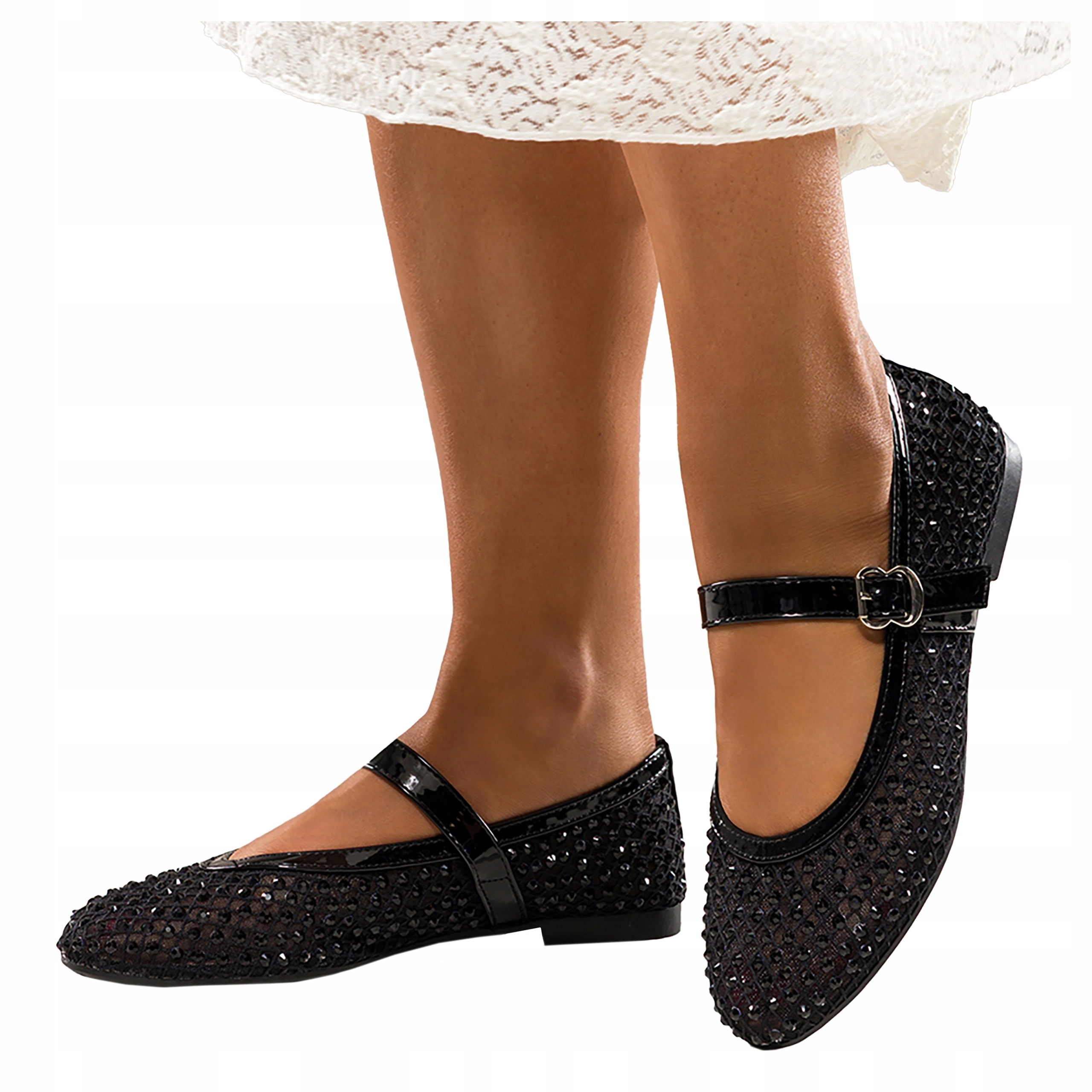 Baleríny Dámské Černé Síťované Módní Pásek Mary Jane Pohodlné Lehké vel 37