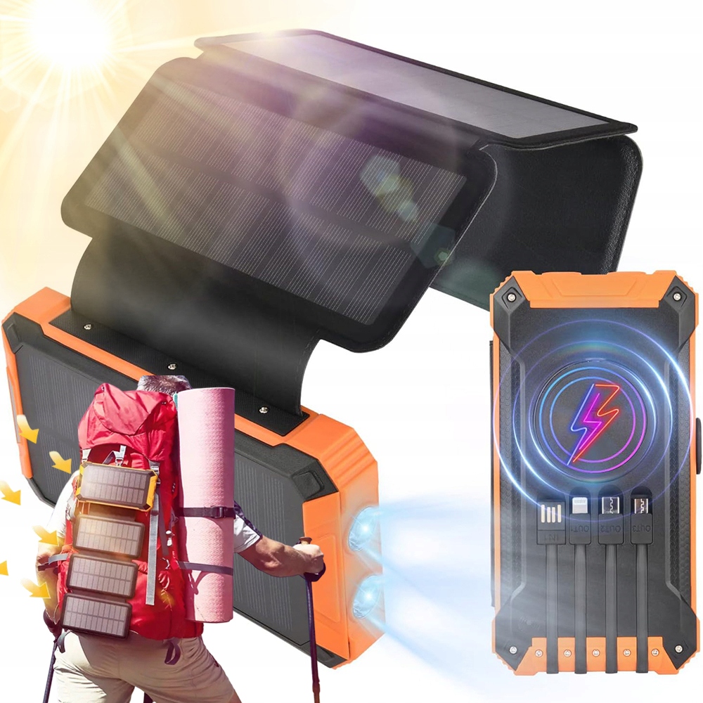 Solární Powerbanka Multifunkční 20000MAH 4 Kabely Vestavěná Led Svítilna