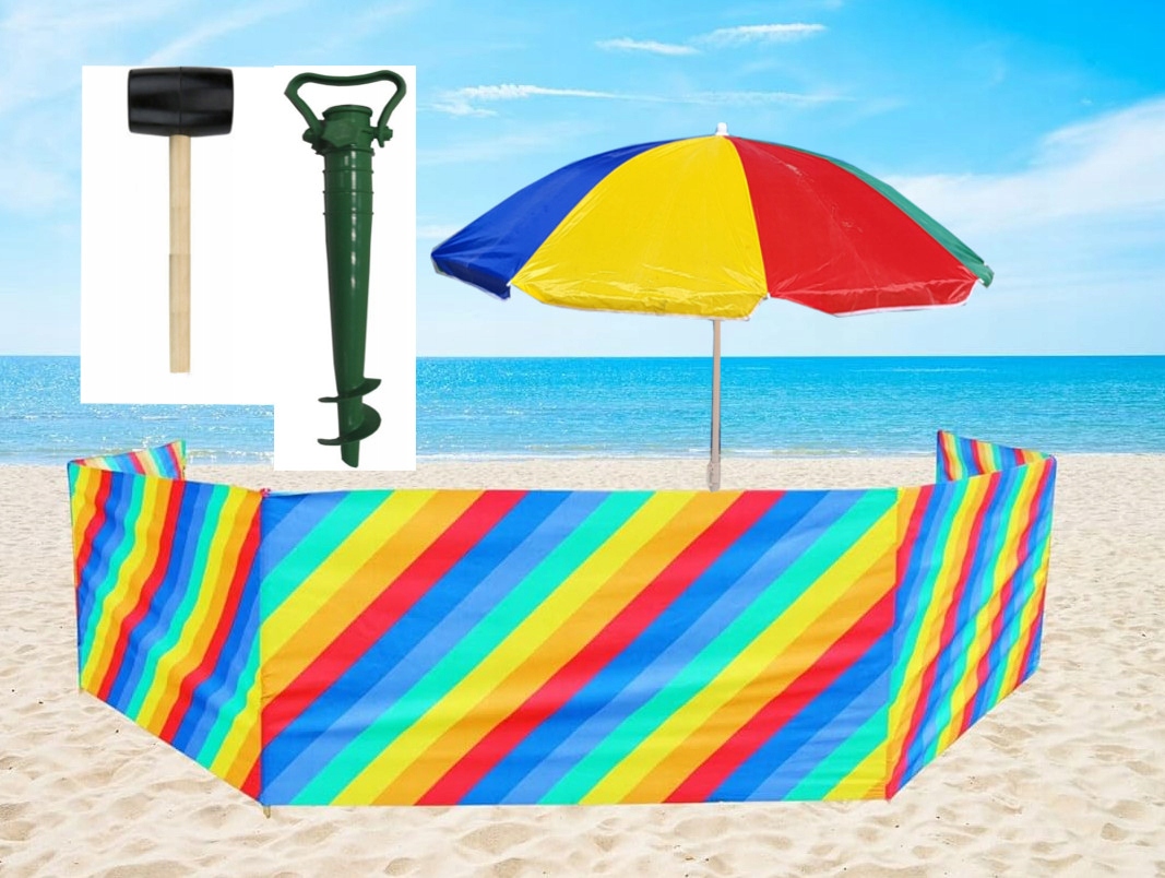 Plážový Slunečník 160 CM Paraván 8 M Kladivo Držák multicolor