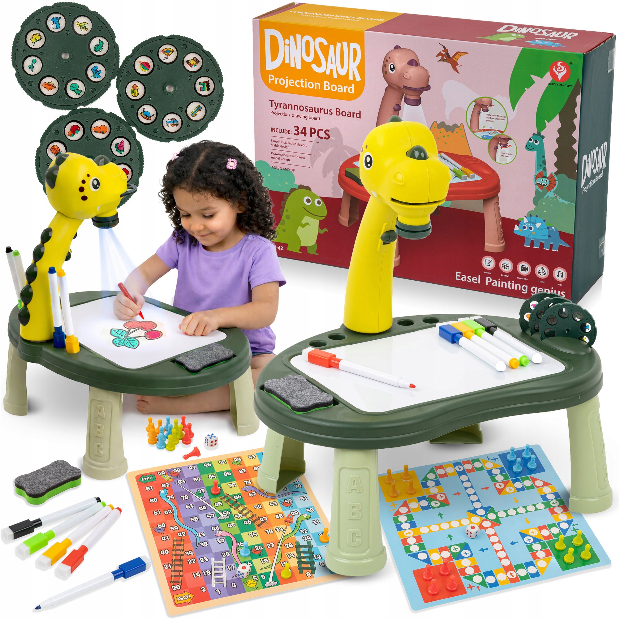 STOLIK DO NAUKI RYSOWANIA DINO TABLICA PROJEKTOR 24 wzory pisakI