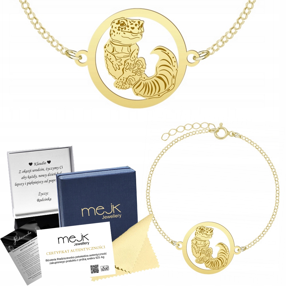 Zlatý náramek s gekonem 925 Řetízek Šperky Dárek Gravírování Bonus