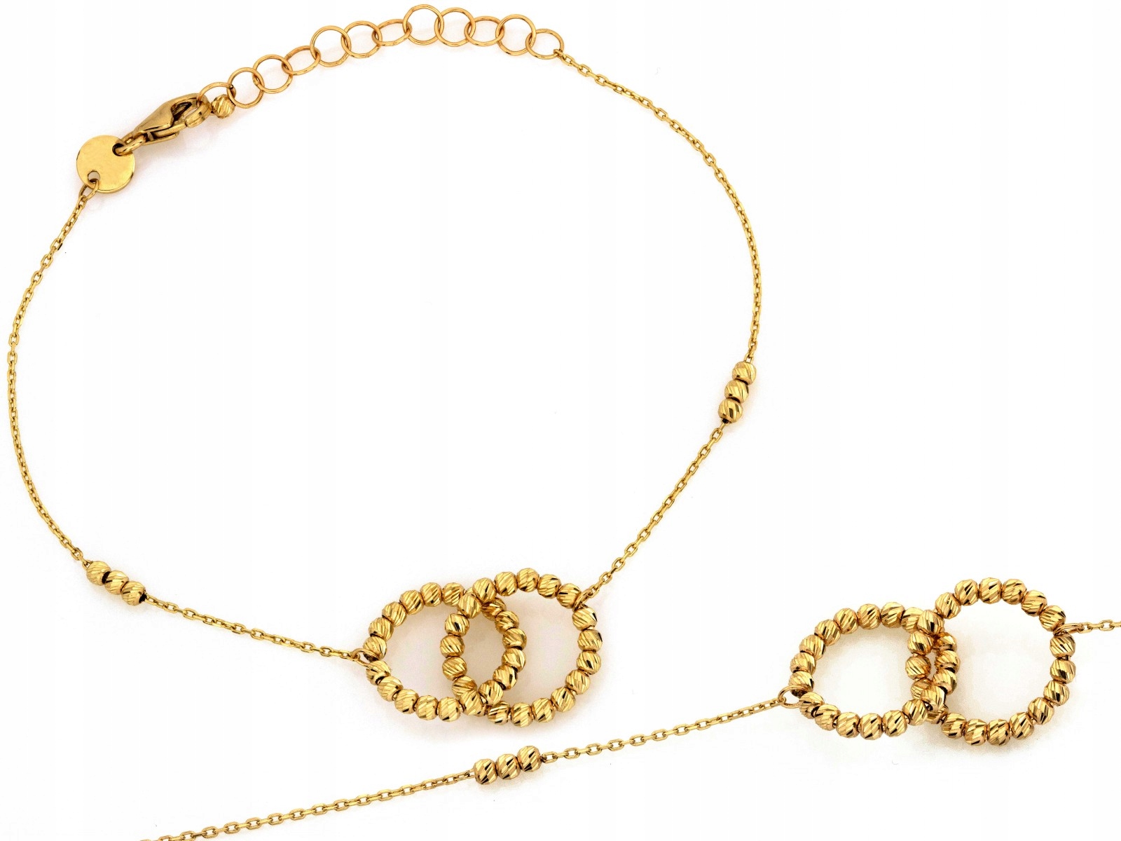 Zlatý náramek se dvěma snubními prsteny a kuličkami 585 14k 1.99g velikost 18 dárek