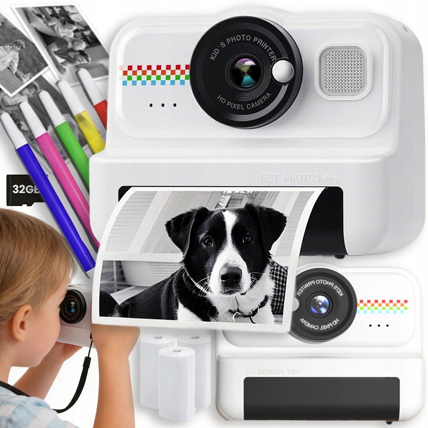 Instantní Fotoaparát Digitální Termální Tiskárna Dárek 1080P 3 Role 32GB