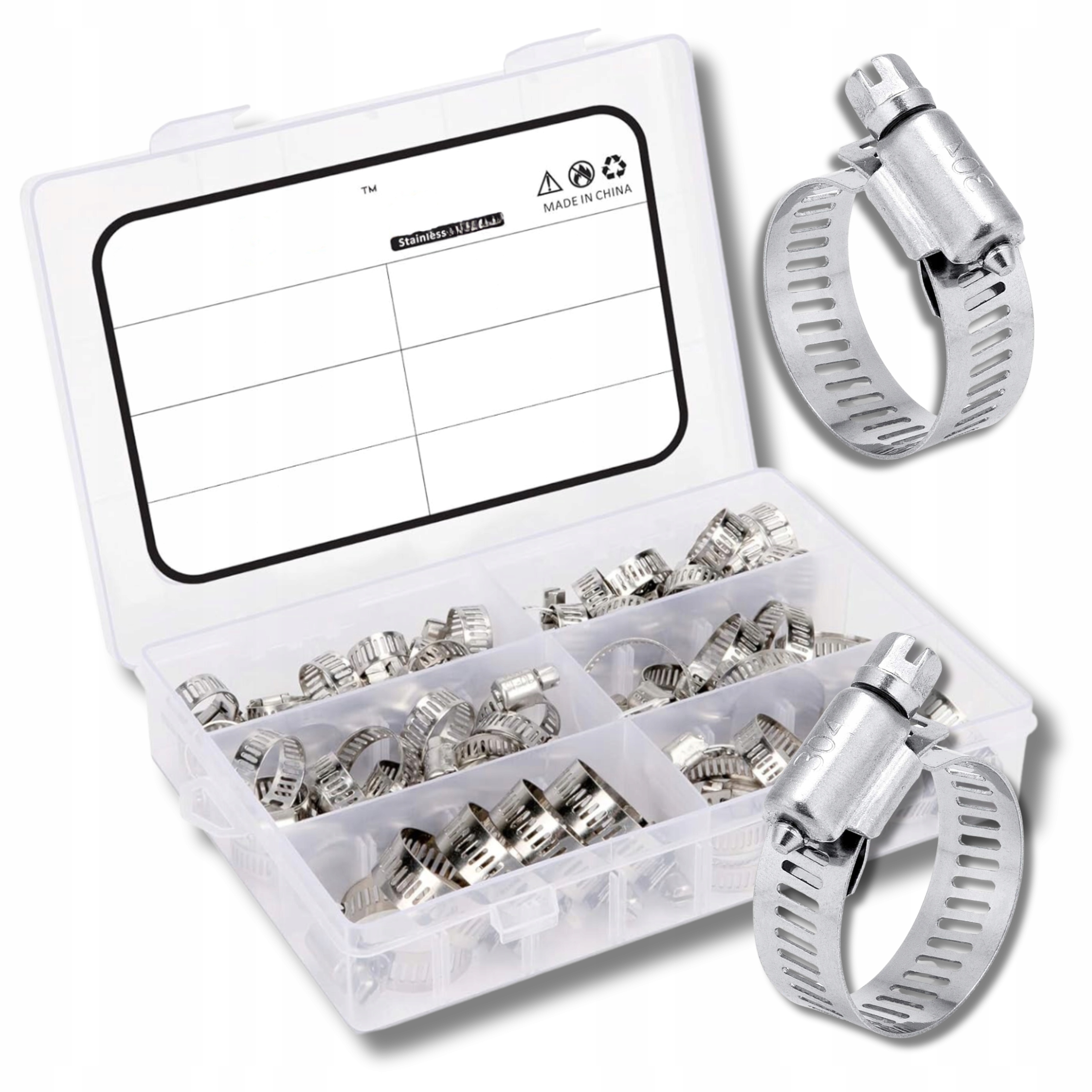 Zestaw metalowych opasek zaciskowych ślimakowych nierdzewnych 65 szt.