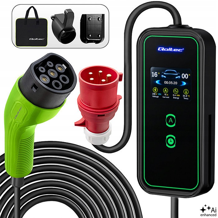 Przenośna ładowarka do samochodu Ev 2w1 Typ2 11kW 5PIN LCD 3fazy Wallbox 5m