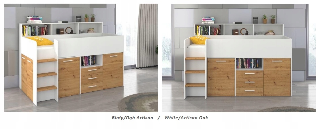 NEO L/ P łóżko z wbudowanym biurkiem sonoma/grafit Długość mebla 206 cm