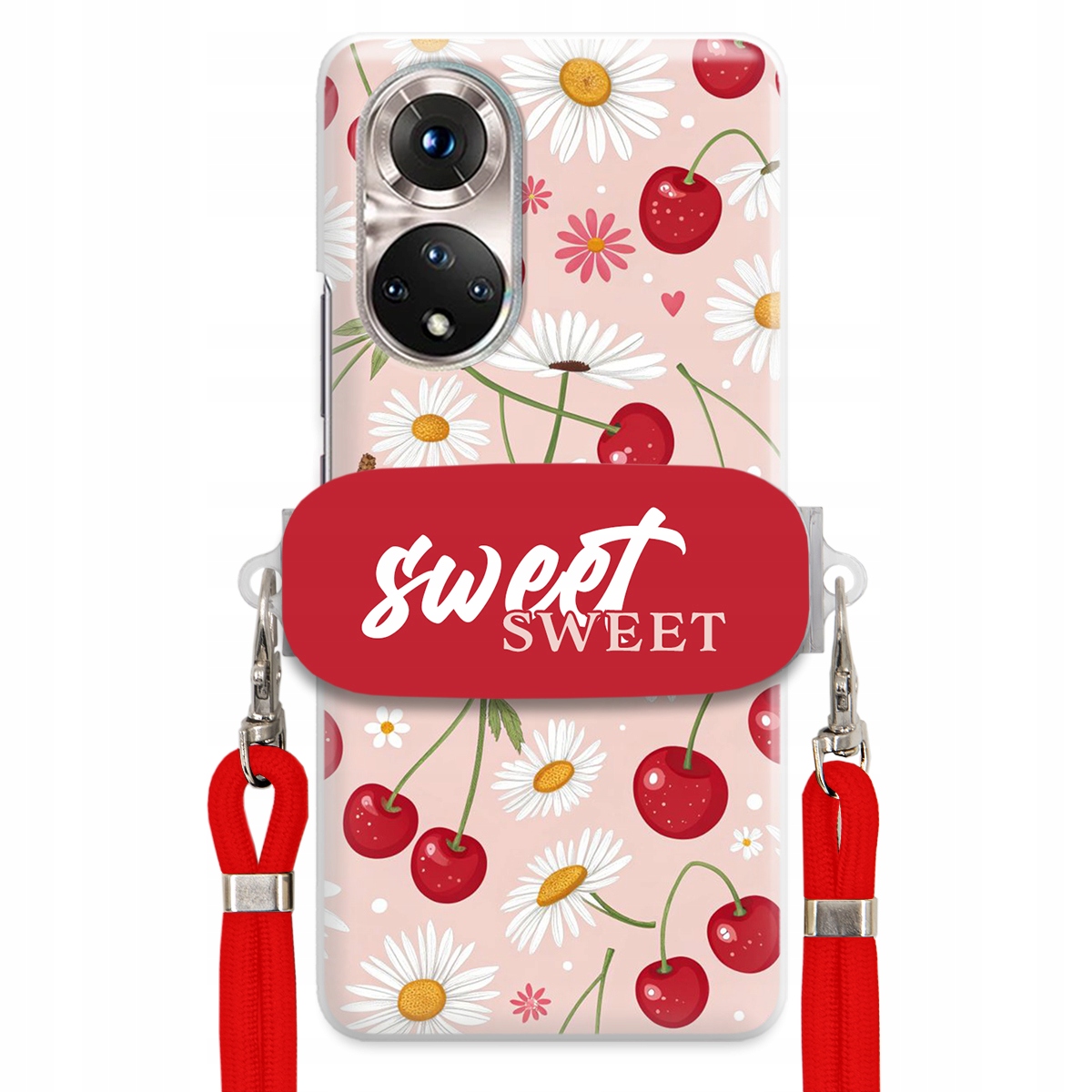 Puzdro pre Huawei Honor 50 Červené vodítko Crossbody držiak Sweet Kvet čerešne