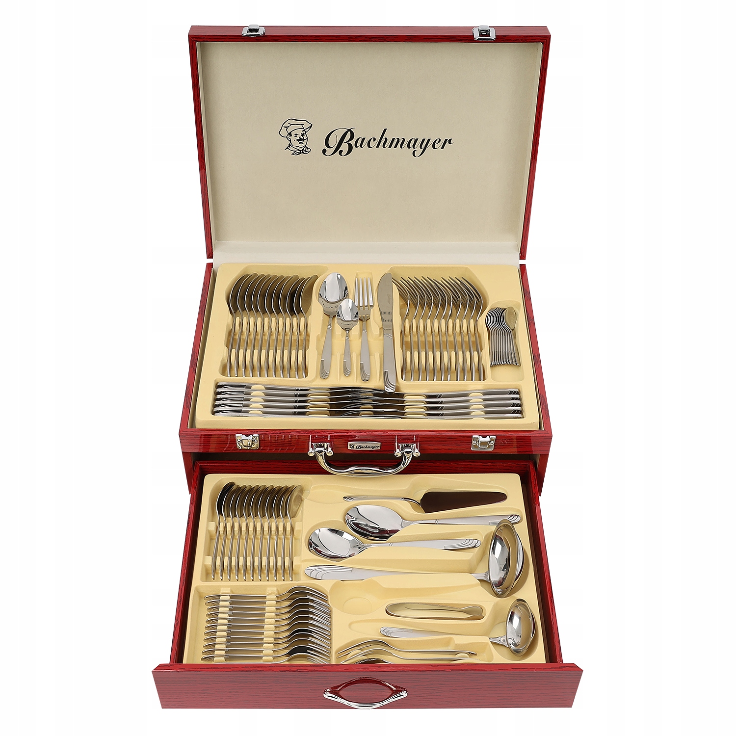 SZTUĆCE STALOWE SREBNE W DREWNIANEJ KASECIE 84EL SERWIS OBIADOWY NA 12 OSÓB Marka inna