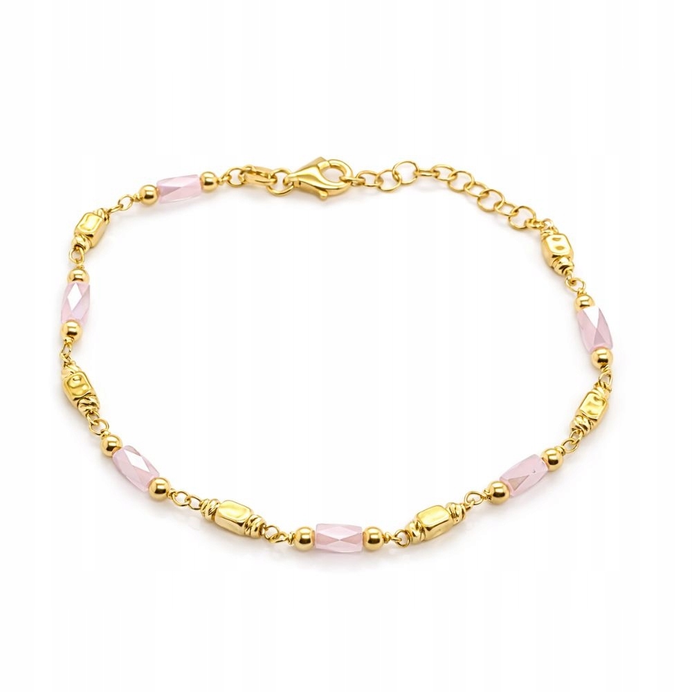 Bransoletka Pozłacana Srebrna 925 Różowe Kamienie Złote Kuleczki 19,5 CM